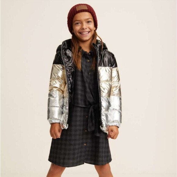 Mango Mng Kids Black Gold Silver Puffer Jacket Coat Girls Size 13 14 - Picture 6 of 7